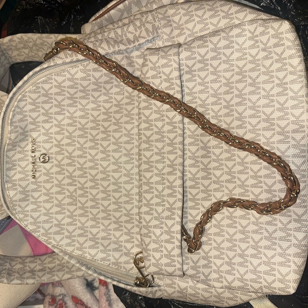 Michael Kors Cream Monogram Backpack with Gold Chain Accent